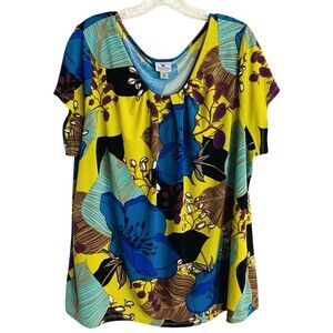 Worthington Woman Top Women's Plus 2X Multicolor Floral Pleats Stretchy Artsy